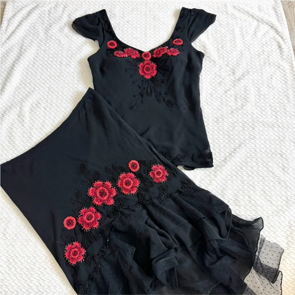 VTG Sue Wong Silk Beaded Embroidered Skirt Top 6 Black Whimsigoth Coquette Dress - Picture 1 of 17